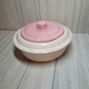 Vtg USA Pottery Pink Covered Casserole Serving Dish Farmhouse Country Coquette